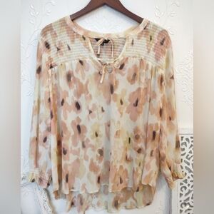 Tribal Smocked Pleated Floral Blouse Peach Yellow Chiffon Boho Top Size Large